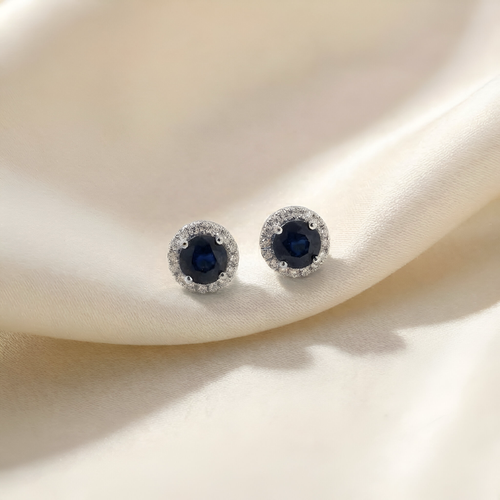 Blue Sapphire & Diamond Halo Stud Earrings in 14K White Gold – 1.28 CT Sapphire