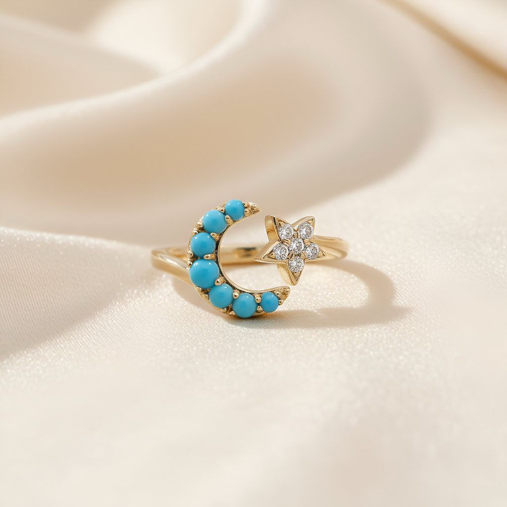 Star Moon Turquoise Diamond Ring in 18k Yellow Gold Size 7