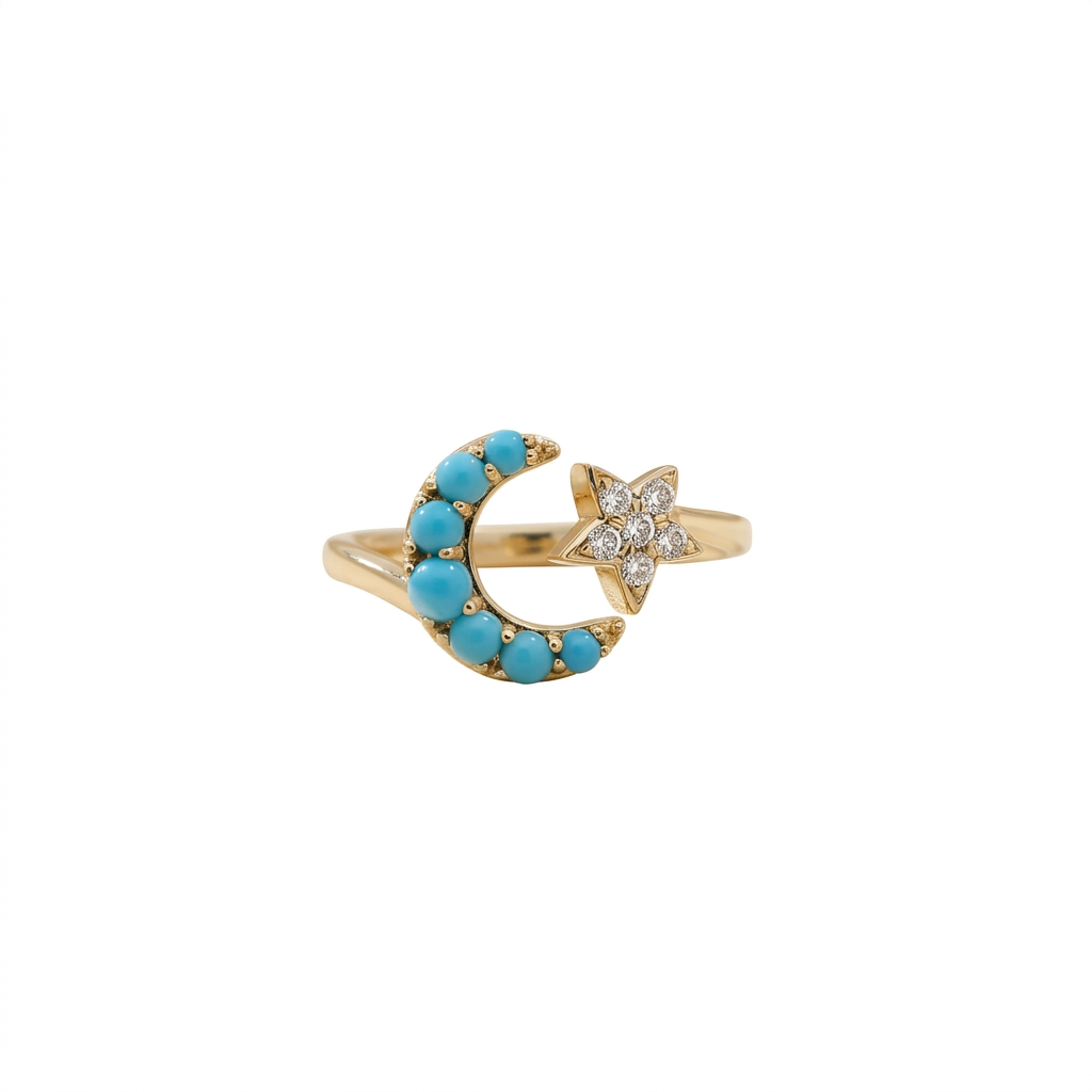Moon & Star Turquoise Diamond Open Ring in 18K Yellow Gold – Celestial Design