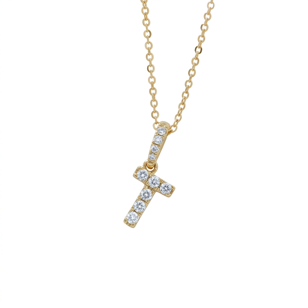 Diamond Initial “T” Necklace in 14K Yellow Gold – 0.10 CTW Natural Diamonds