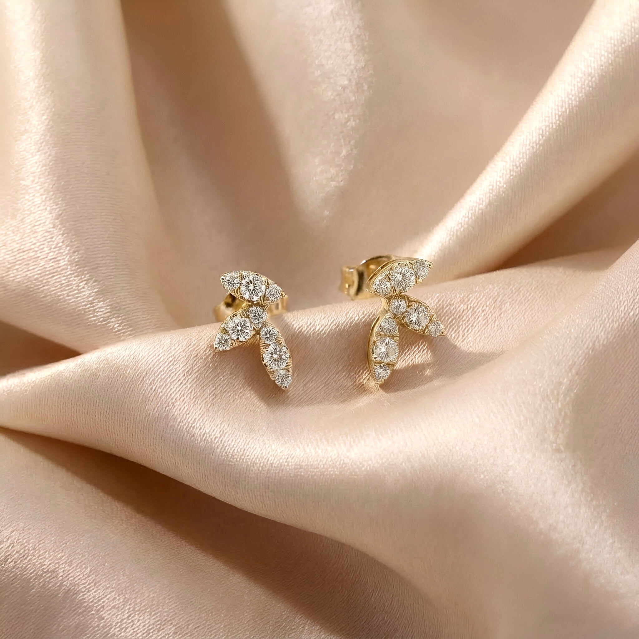 Leaf Diamond Studs in 14K Yellow Gold