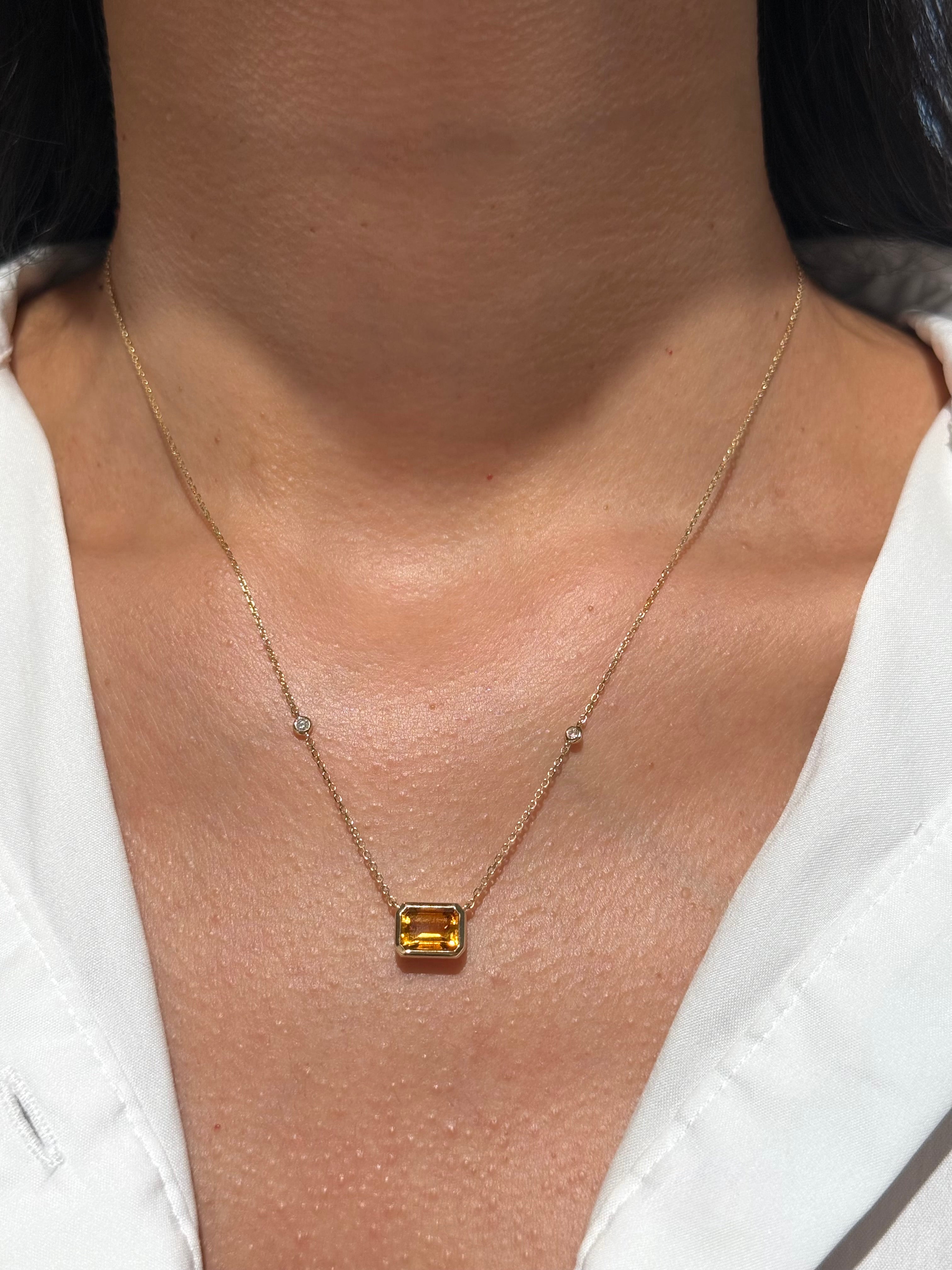 Emerald-Cut Citrine & Diamond Pendant Necklace in 14K Yellow Gold – 1.53 CT Citrine