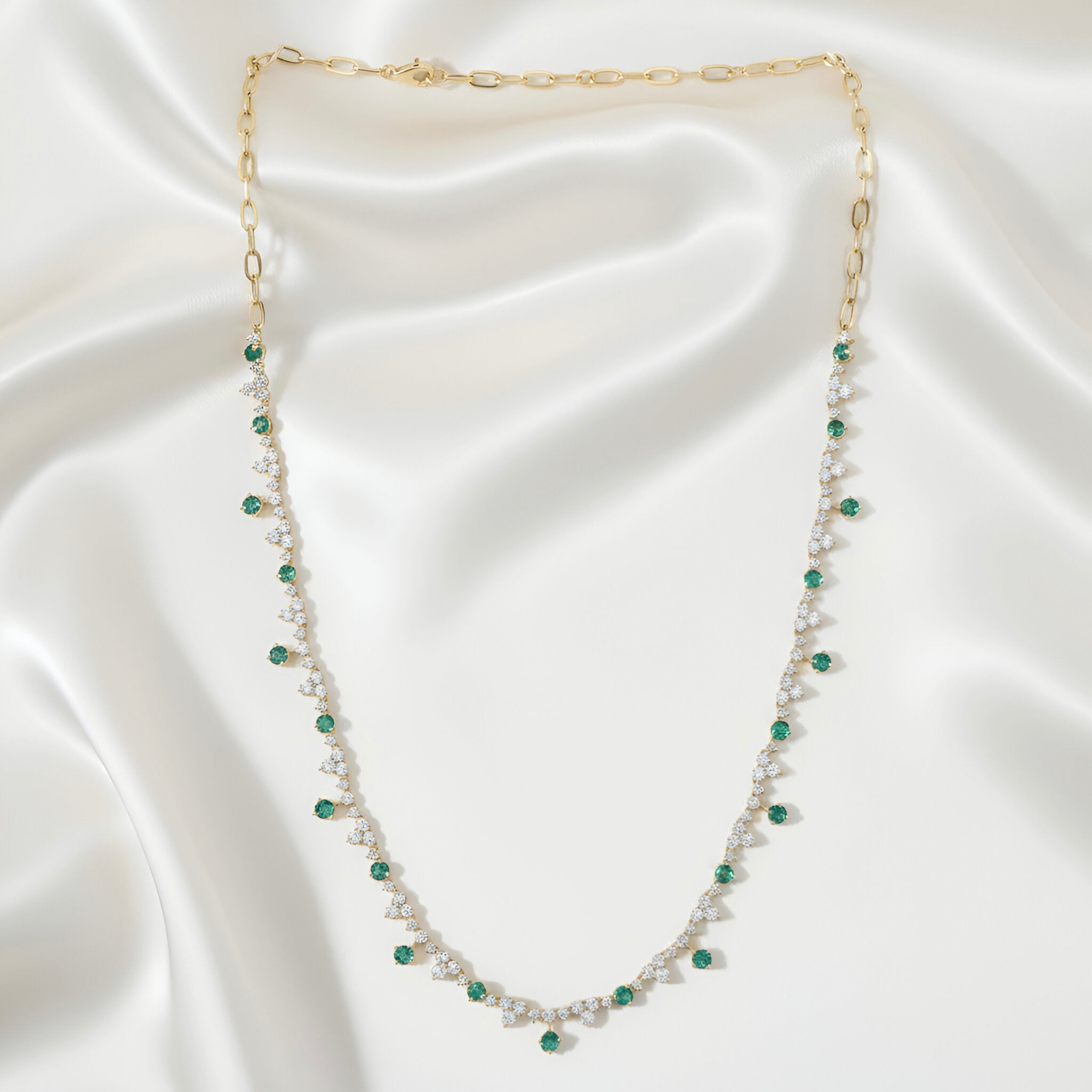 Classy Diamond Emerald Necklace in 14K Yellow Gold