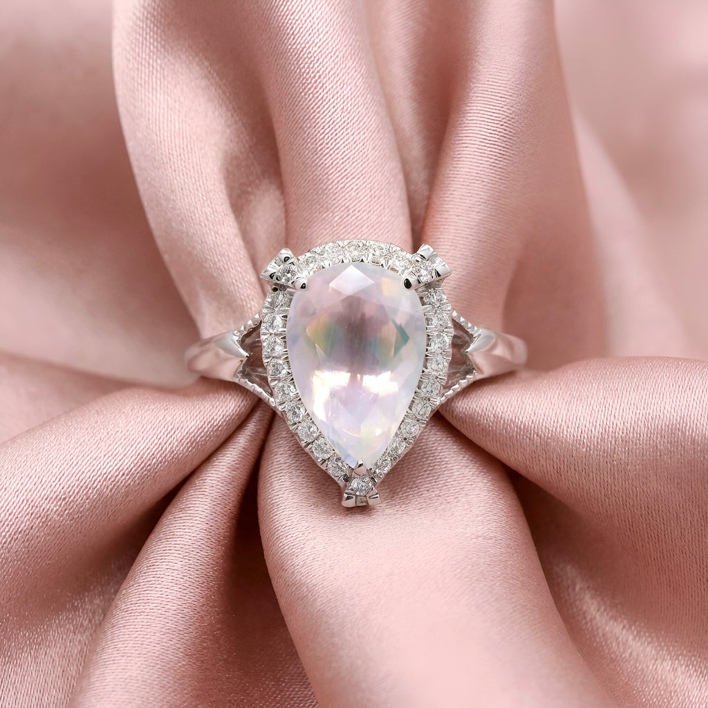 Rainbow Moonstone Diamond Ring in 14K White Gold