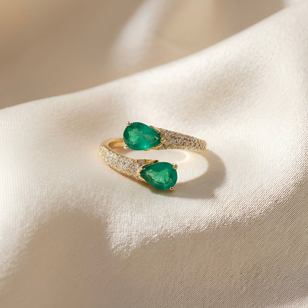 Emerlad Diamond Bypass Ring in 14k Yellow Gold