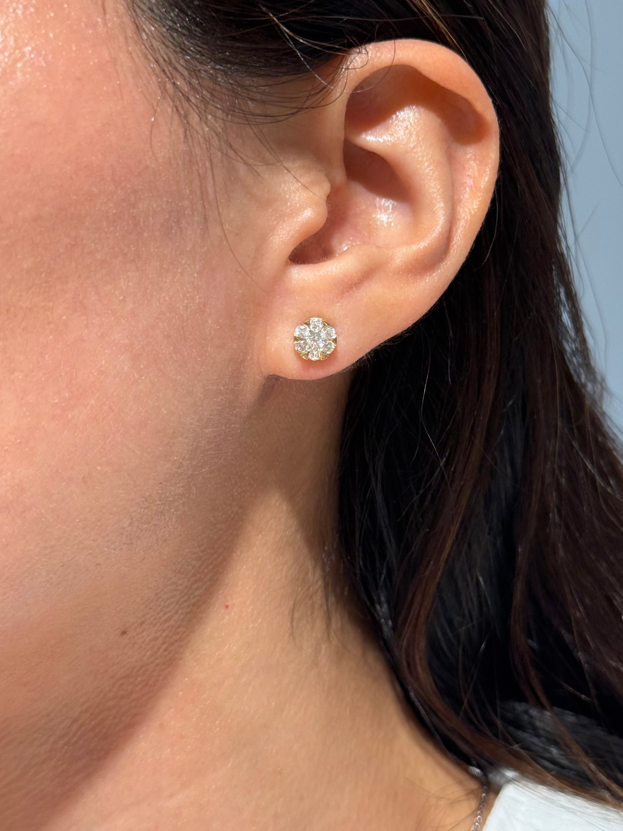 Diamond Cluster Stud Earrings in 14K Yellow Gold – 0.75 CTW Natural Diamonds