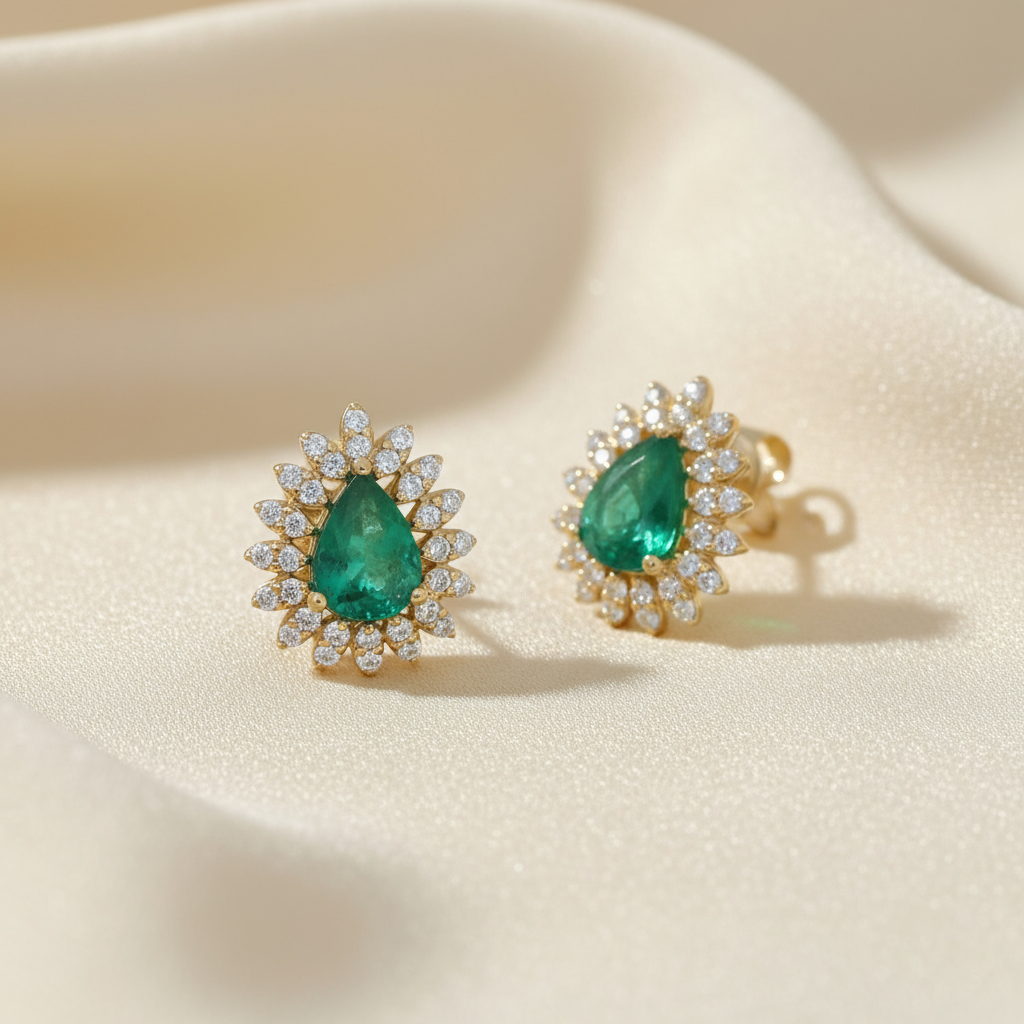 Emerald Diamond Earrings in 18K Yellow Gold