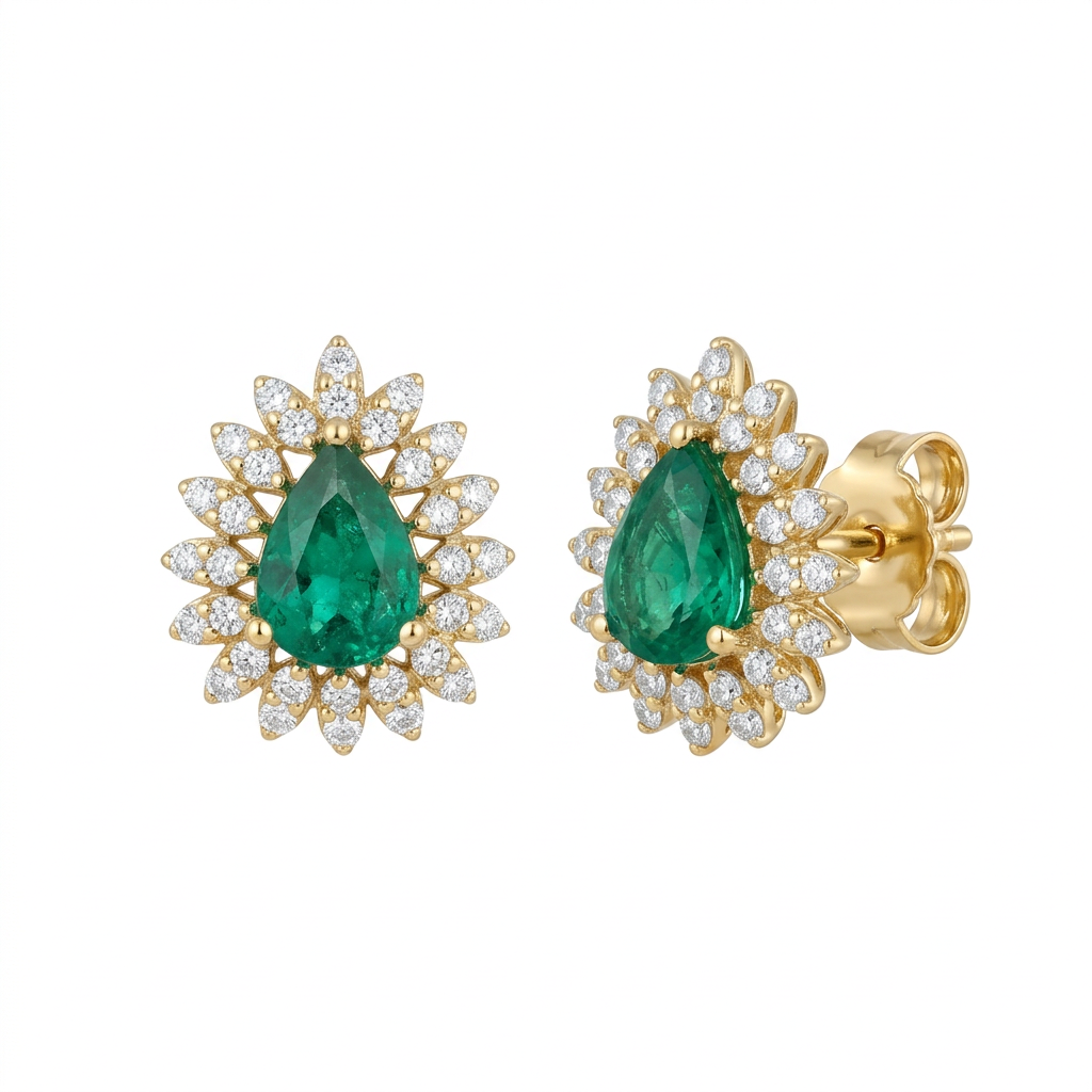 Pear-Shaped Emerald & Diamond Floral Earrings in 18K Yellow Gold – 1.92 CT Emerald