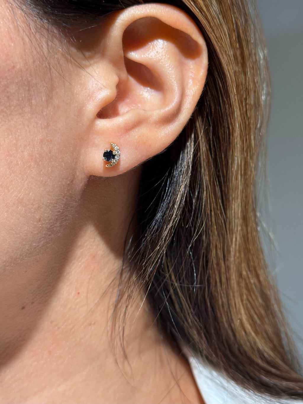 Moon Diamond Sapphire Stud Earrings in 14k Yellow Gold