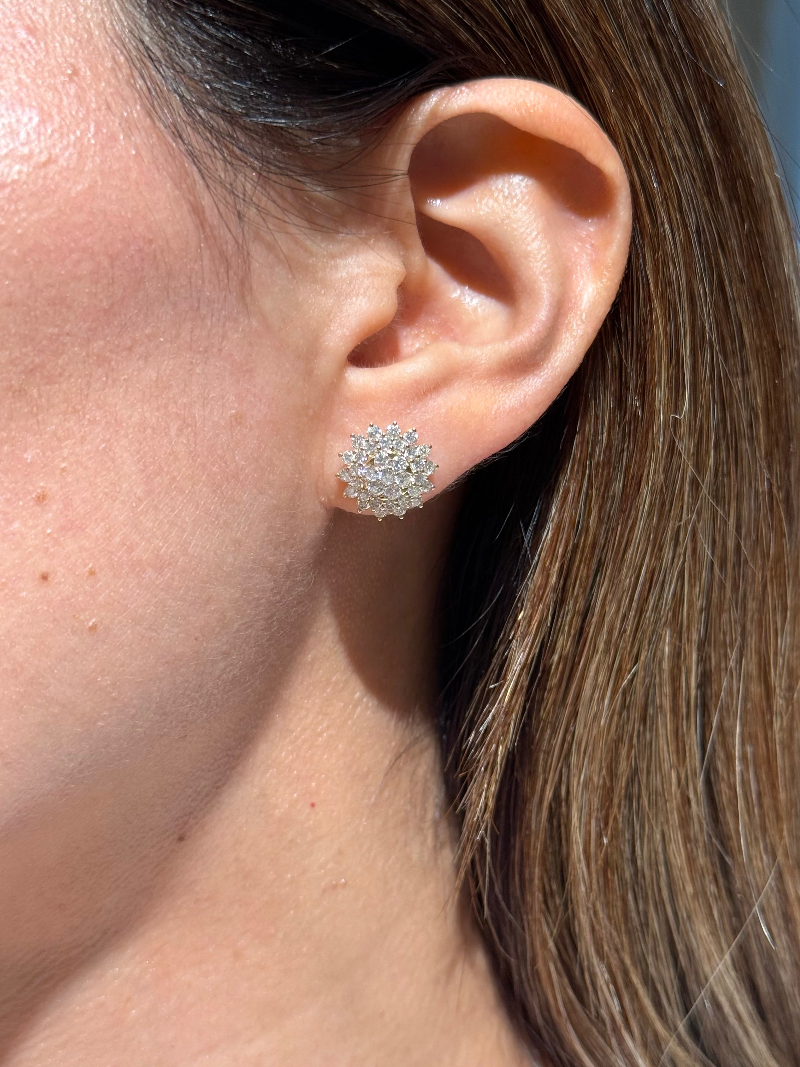 Diamond Floral Cluster Stud Earrings in 18K Yellow Gold – 1.91 CTW Luxury Fine Jewelry