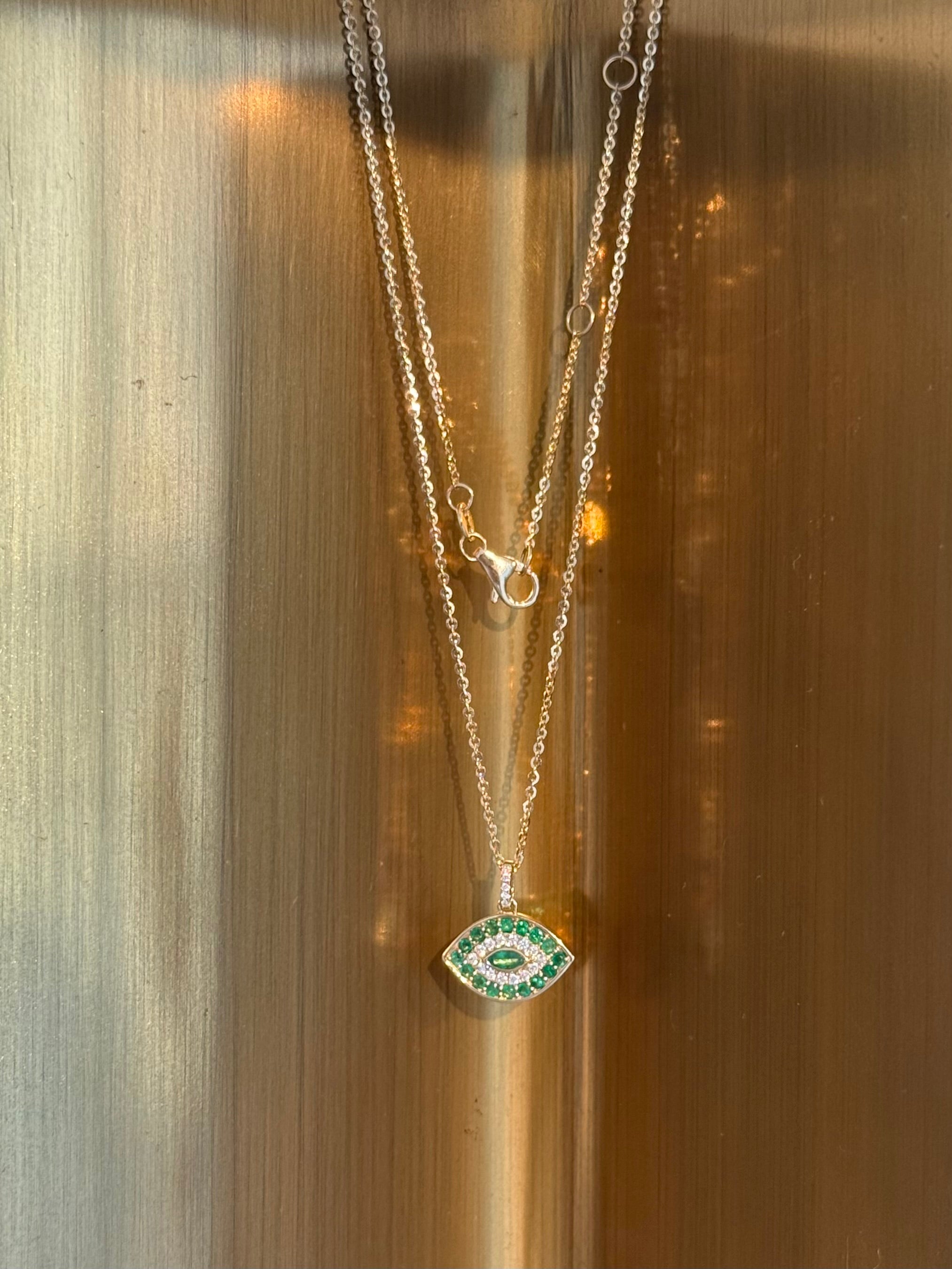 Evil Eye Emerald & Diamond Necklace in 14K Yellow Gold – Protective Fine Jewelry