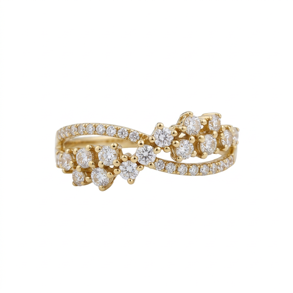 Wavy Diamond Cluster Crossover Ring in 14K Yellow Gold – 0.55 CTW