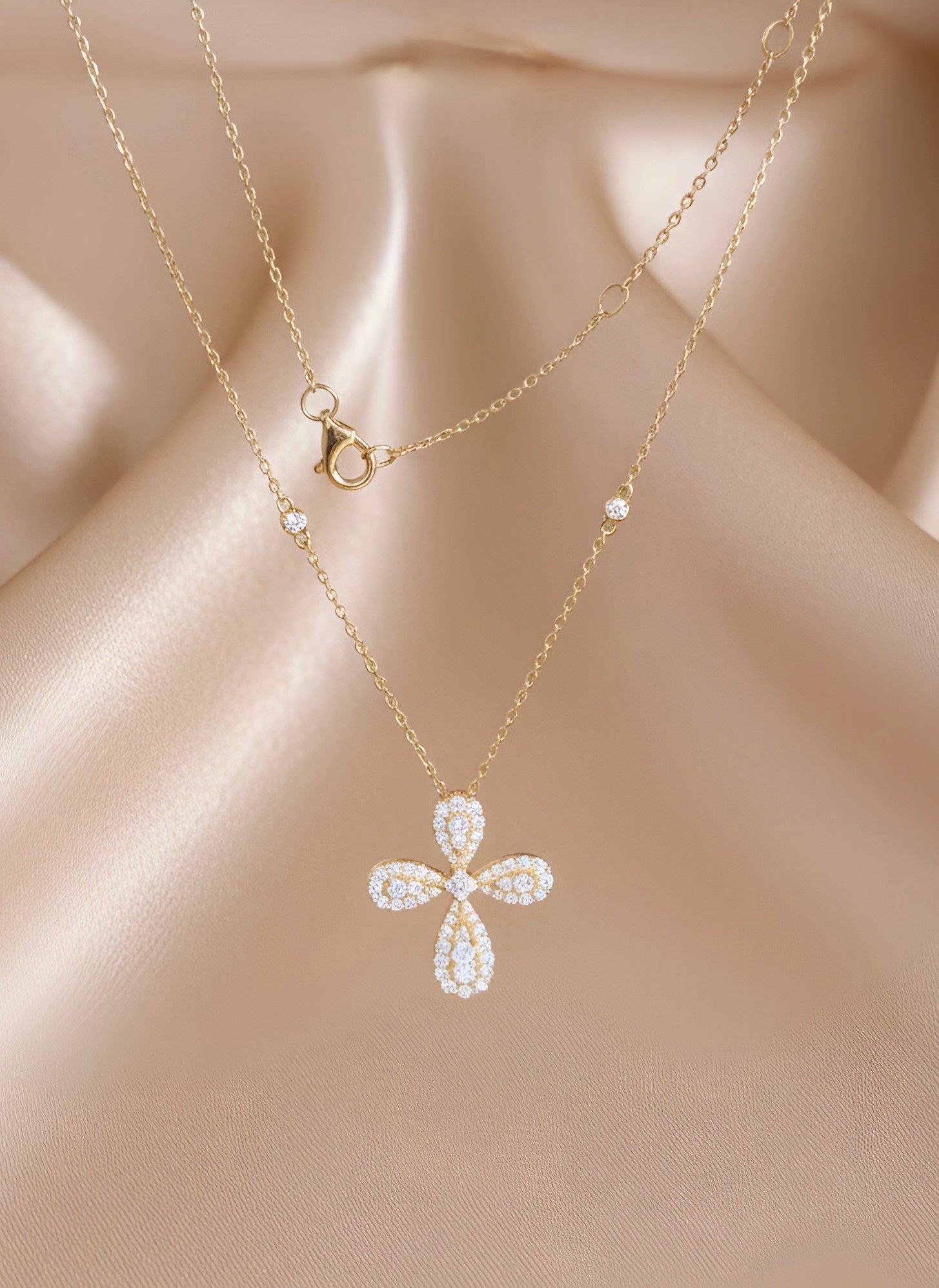 Pavé Diamond Quatrefoil Cross Necklace in 14K Yellow Gold – 0.48 CTW Natural Diamonds