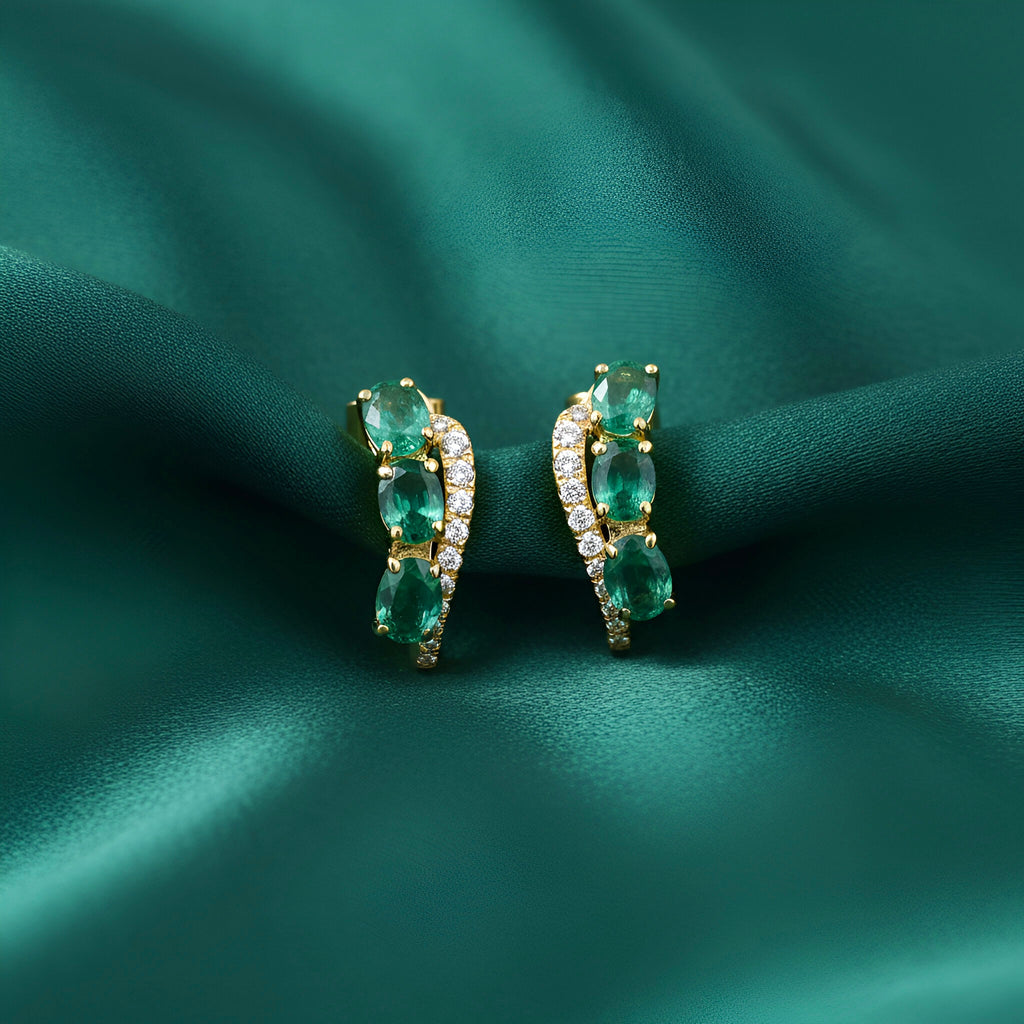 Diamond Emerald Earrings in 14K Yellow Gold