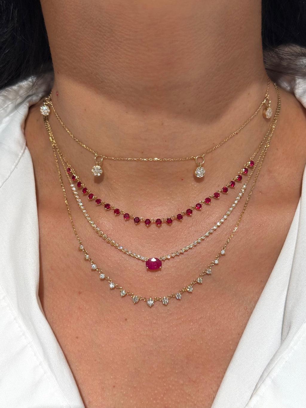 Oval Ruby & Diamond Station Necklace in 14K Yellow Gold – 1.15 CT Natural Ruby
