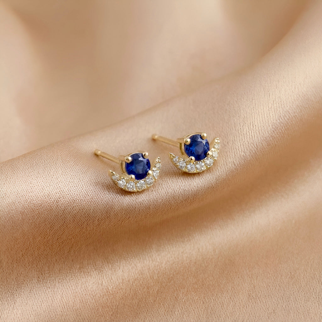 Moon Diamond Sapphire Stud Earrings in 14k Yellow Gold