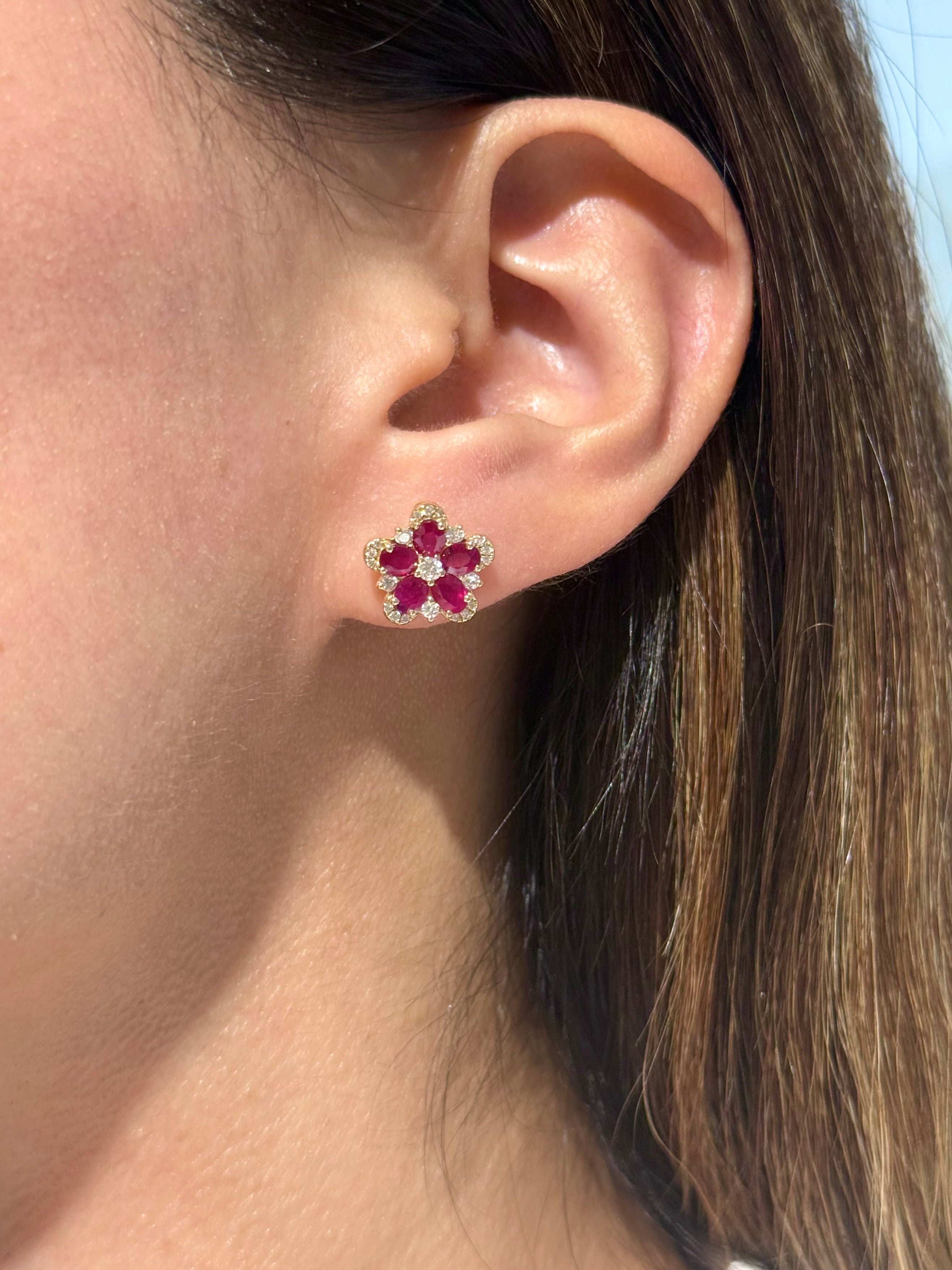 Diamond & Ruby Floral Stud Earrings in 14K Yellow Gold – 2.05 CT Rubies & 0.37 CTW Diamonds
