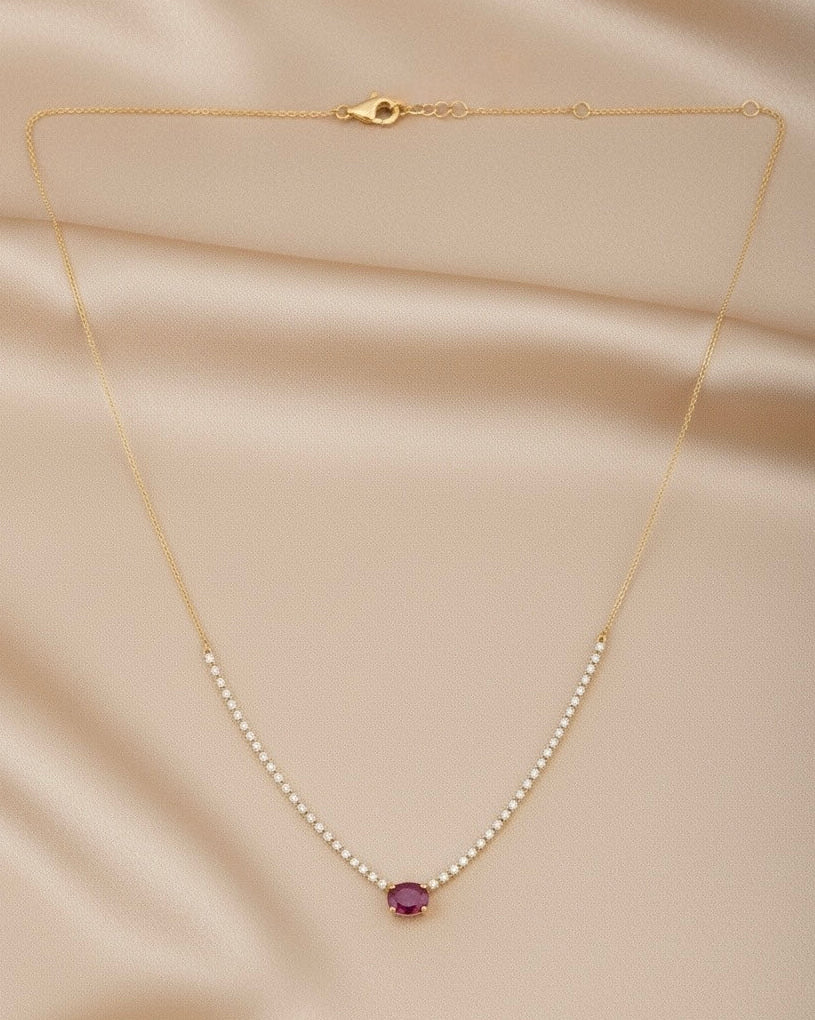 Oval Ruby & Diamond Station Necklace in 14K Yellow Gold — 1.15 CT Natural Ruby