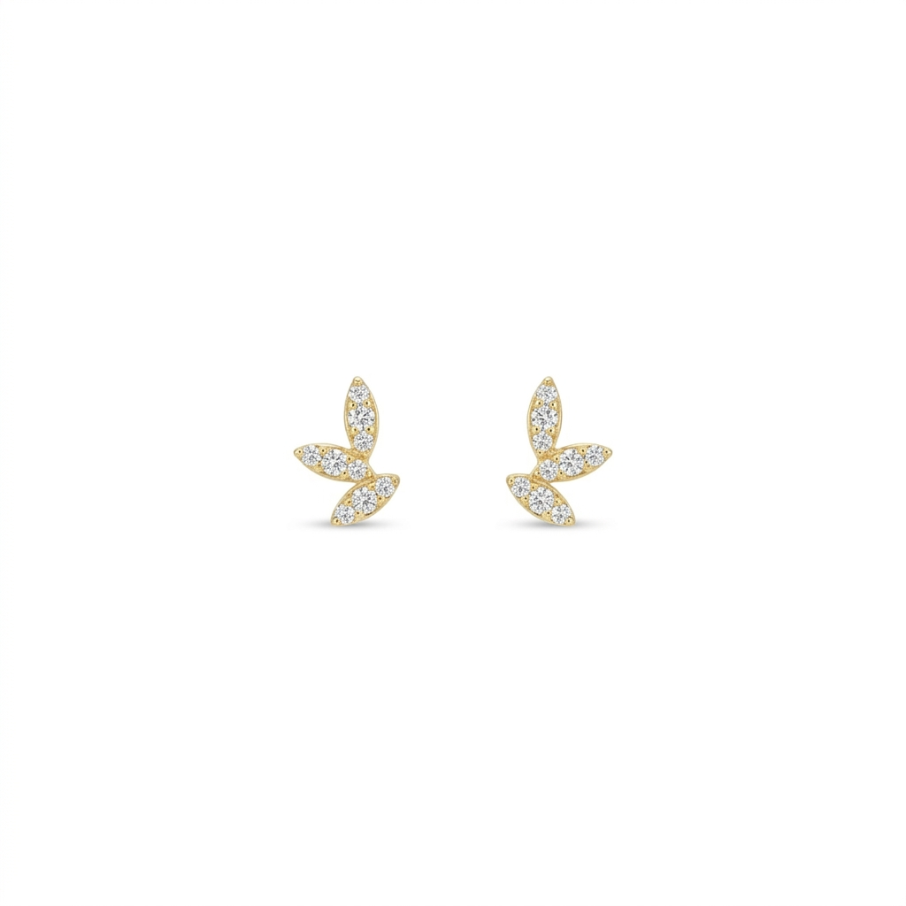 Diamond Leaf Stud Earrings in 14K Yellow Gold – Nature-Inspired Design
