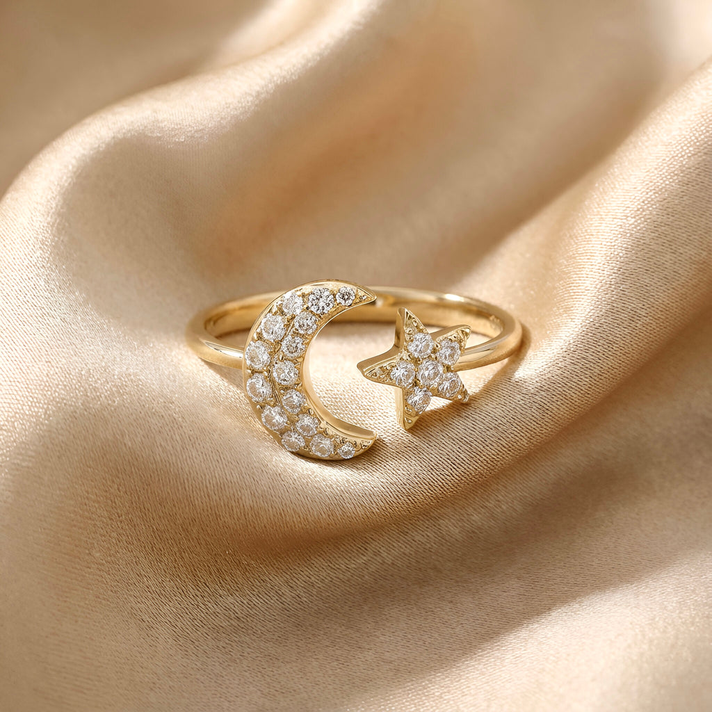 Diamond Moon Star Ring in 14K Yellow Gold