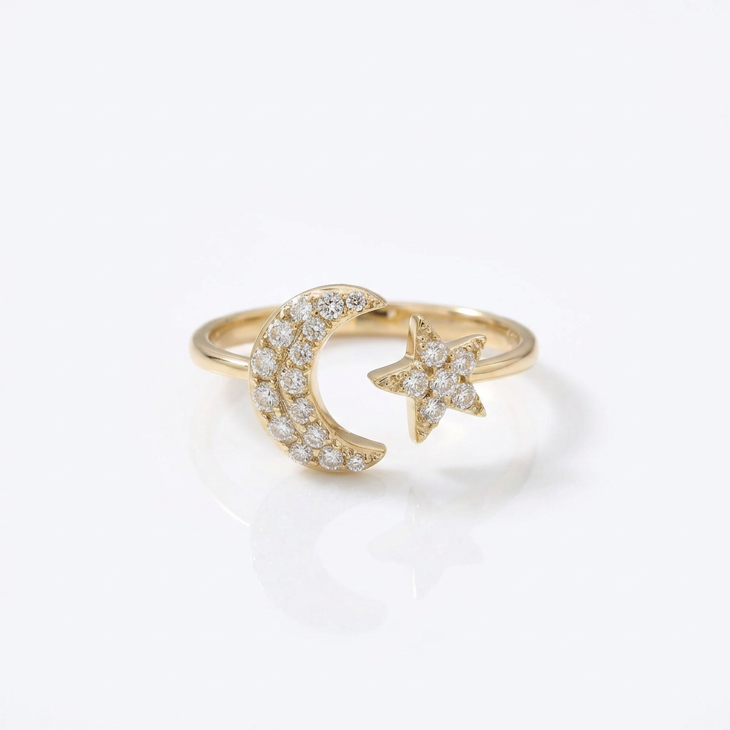 Moon & Star Diamond Ring in 14K Yellow Gold – Celestial Design