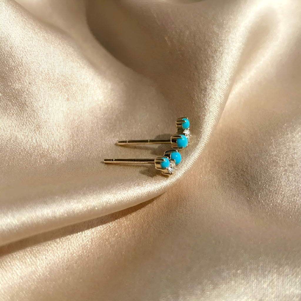 Turquoise Diamond Stud Crawler Earrings in 18k Yellow Gold