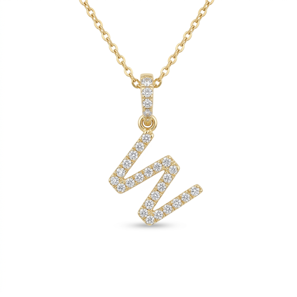 Diamond Initial “W” Necklace in 14K Yellow Gold – 0.10 CTW Natural Diamonds