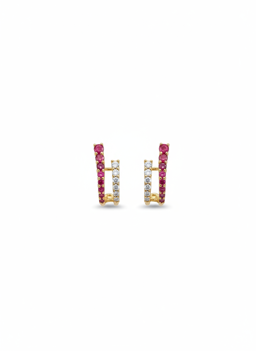 Diamond Ruby Stud Crawler Earrings in 18k Yellow Gold