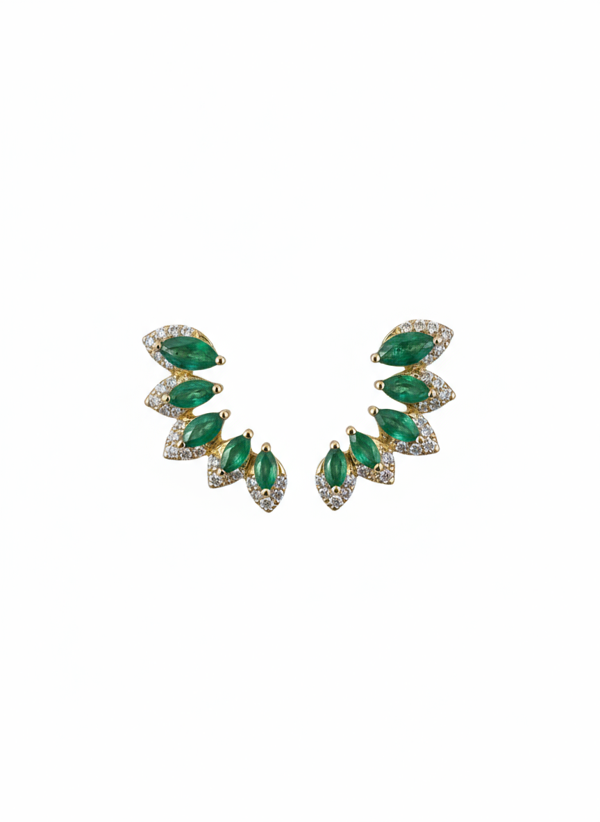 Diamond Emerald Crawler Earrings in 18k Yellow Gold