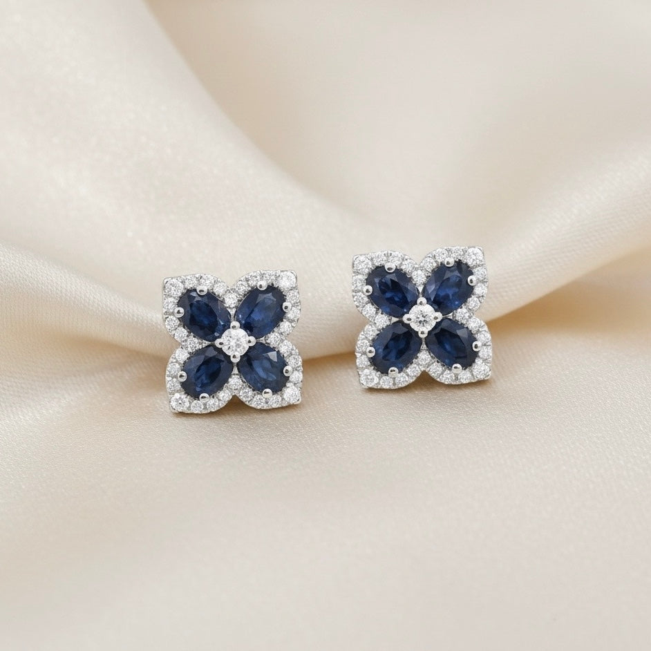 Diamond & Blue Sapphire Floral Stud Earrings in 14K White Gold – 1.76 CT Sapphires & 0.30 CTW Diamonds