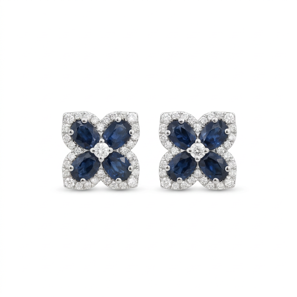 Diamond & Blue Sapphire Floral Stud Earrings in 14K White Gold – 1.76 CT Sapphires & 0.30 CTW Diamonds