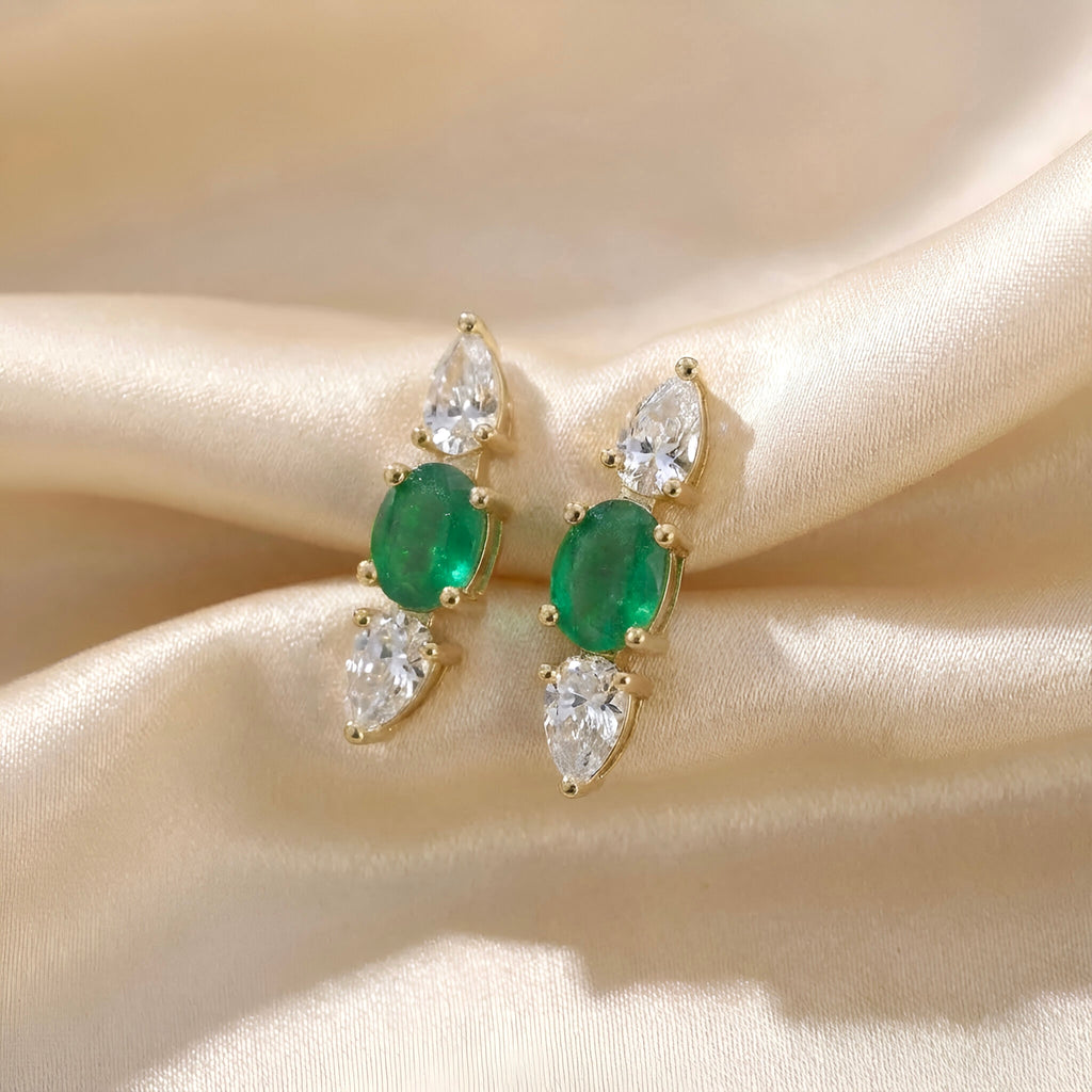 Diamond Emerald Crawler Earrings in 18K Yellow Gold