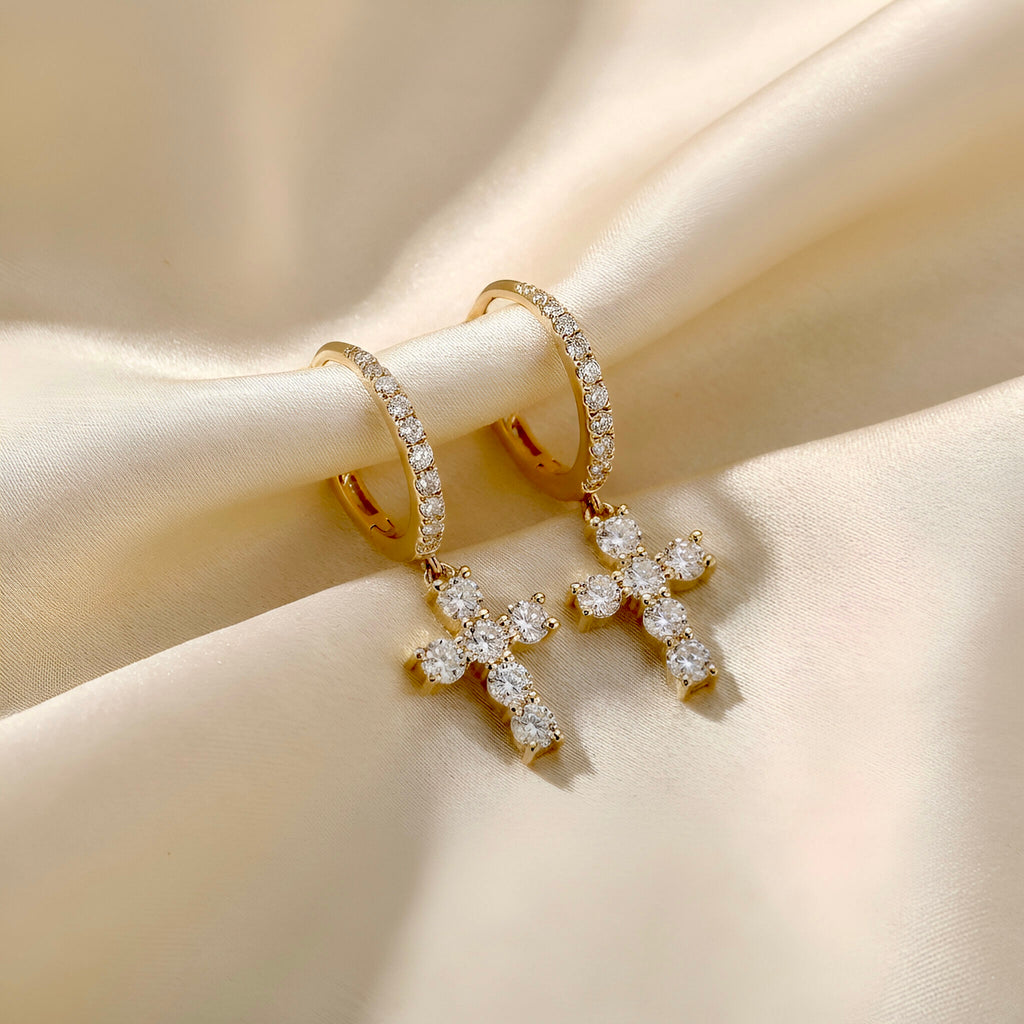 Diamond Cross Earrings in 14K Yellow Gold
