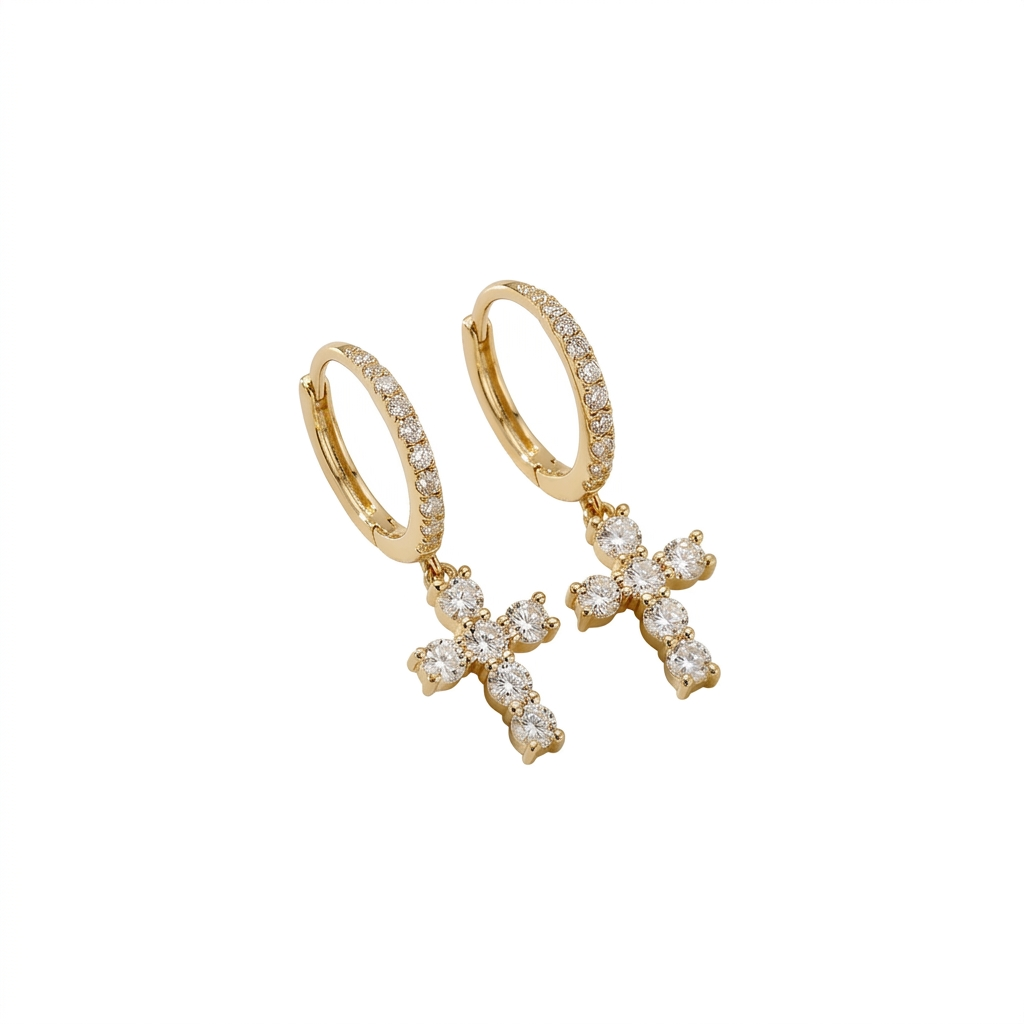 Diamond Cross Drop Hoop Earrings in 14K Yellow Gold – 1.03 CTW Fine Jewelry