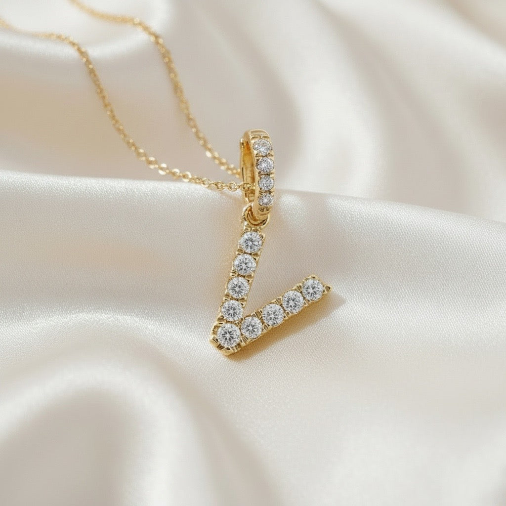 Diamond Initial “V” Necklace in 14K Yellow Gold – 0.11 CTW Natural Diamonds
