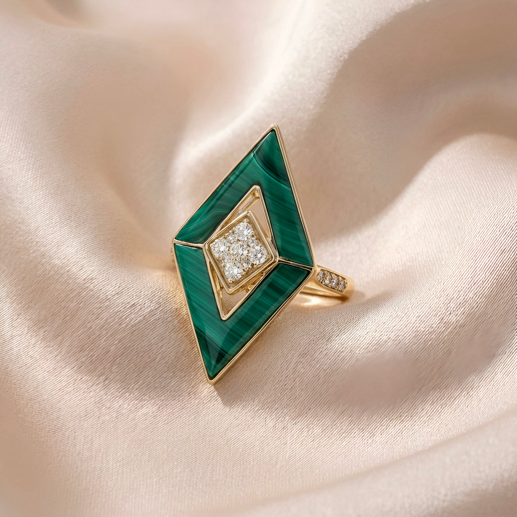 Malachite Diamond Ring in 14K Yellow Gold