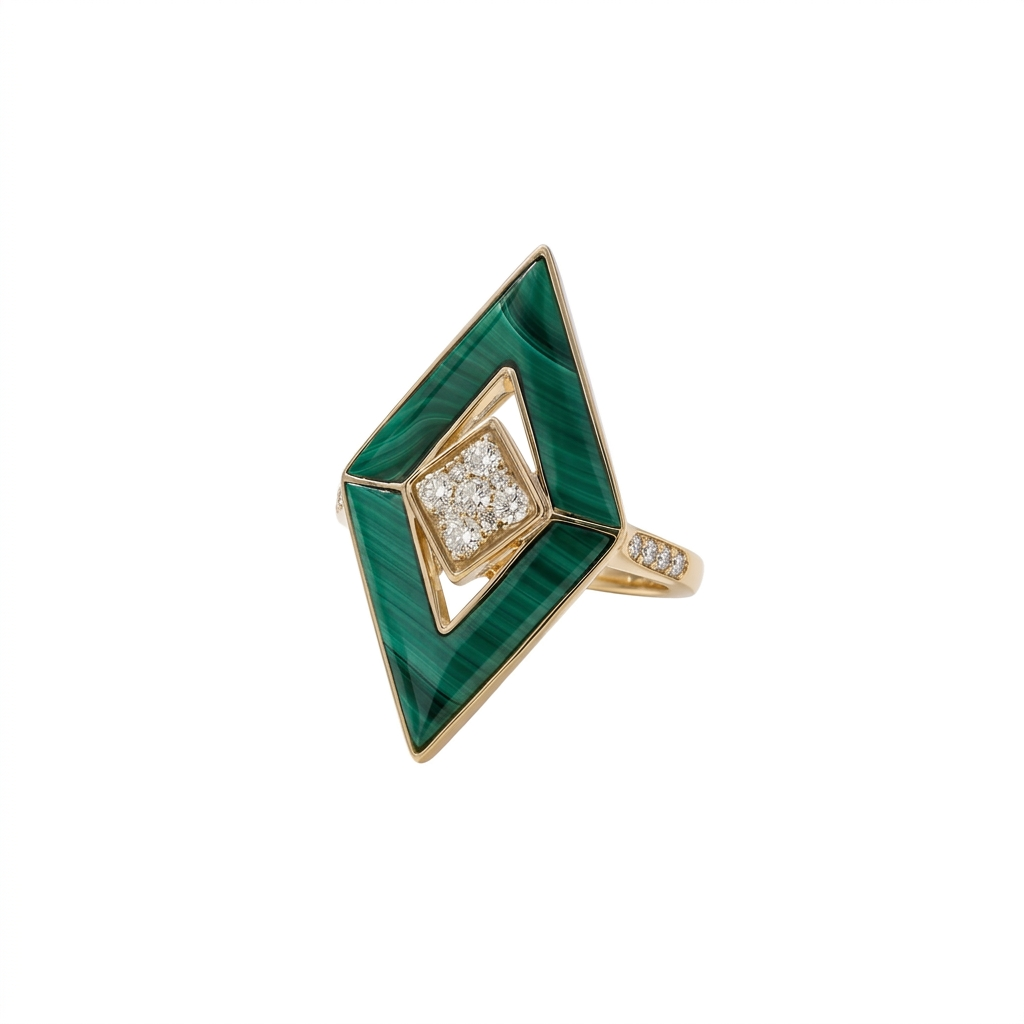 Malachite & Diamond Geometric Ring in 14K Yellow Gold – 3.28 CT Malachite