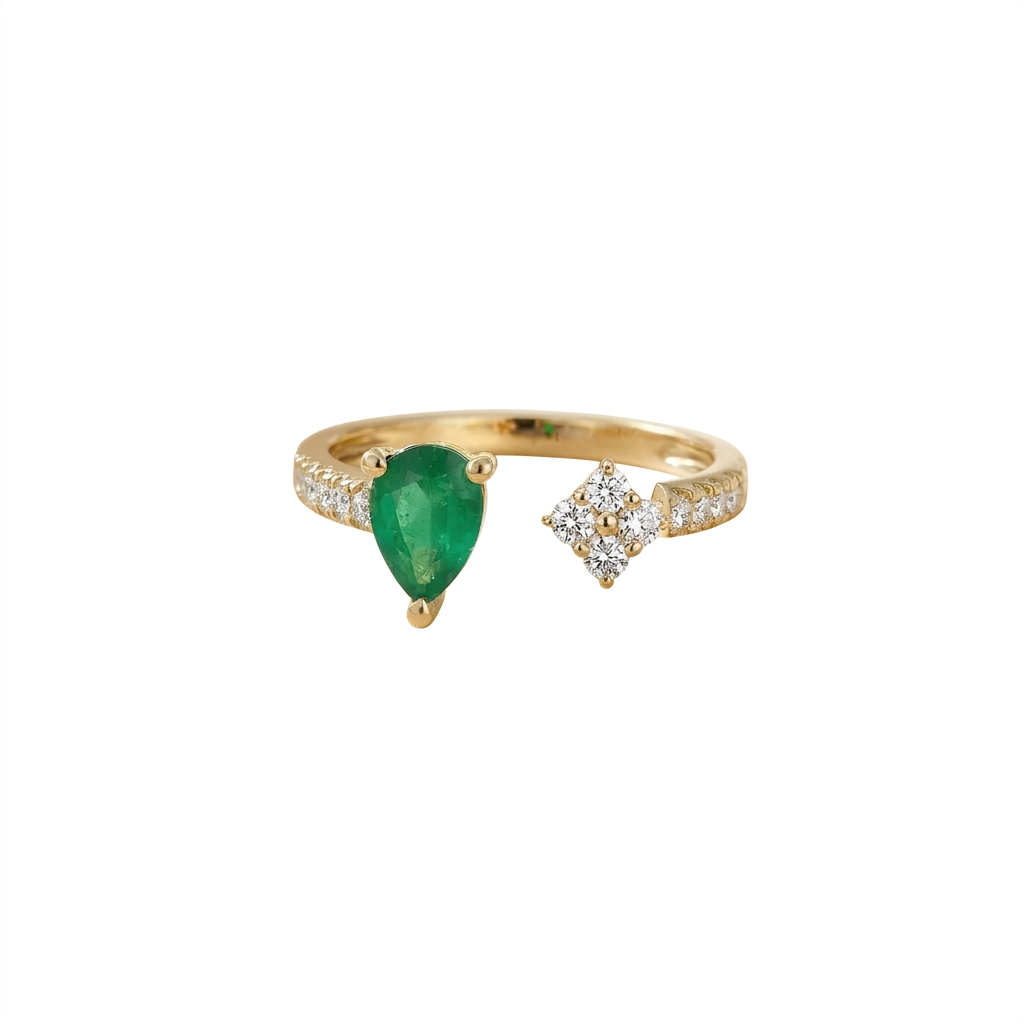 Pear Emerald & Diamond Cluster Open Ring in 14K Yellow Gold – 0.63 CT Emerald & 0.27 CTW Diamonds