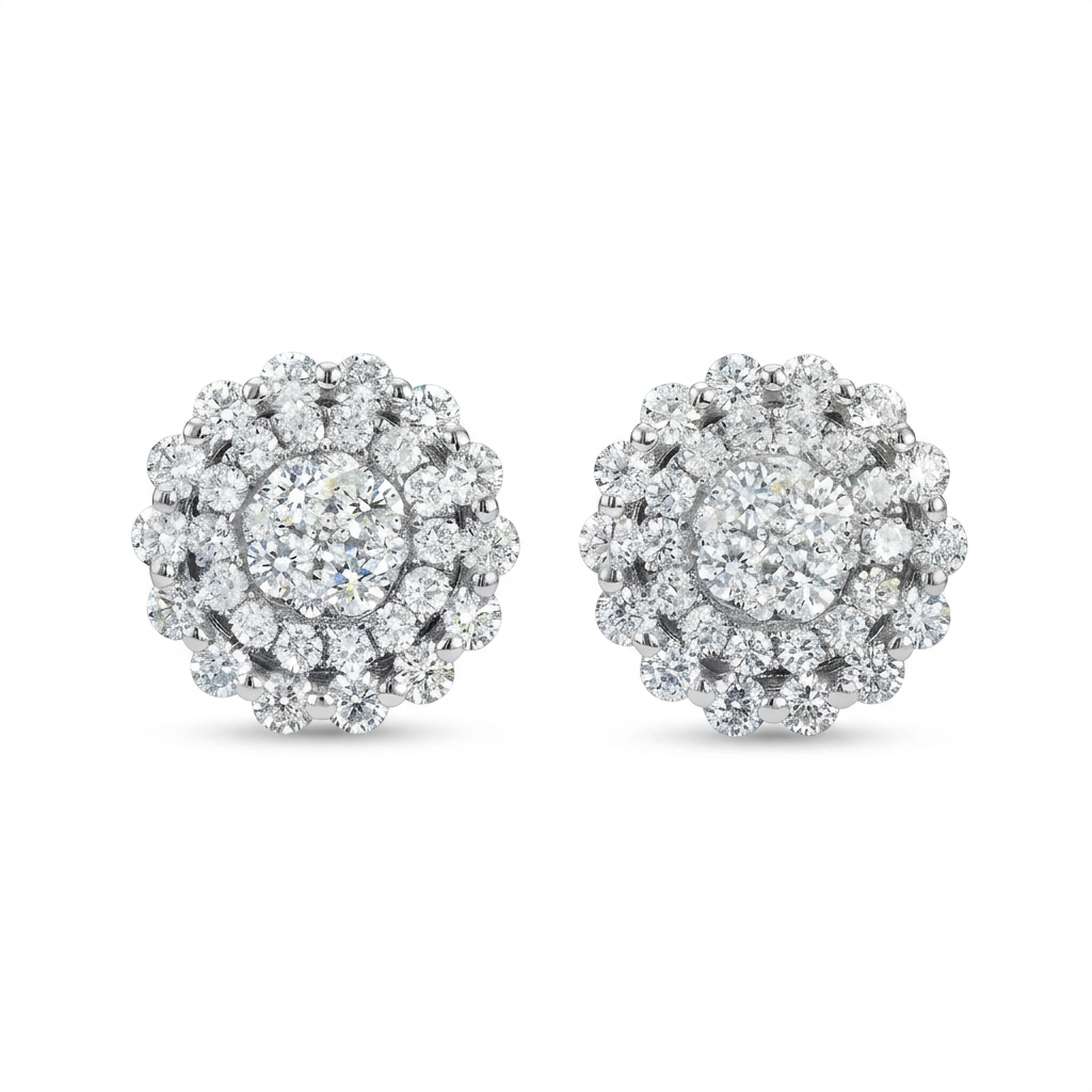 Round Diamond Cluster Stud Earrings in 14K White Gold – 1.33 CTW Statement Jewelry