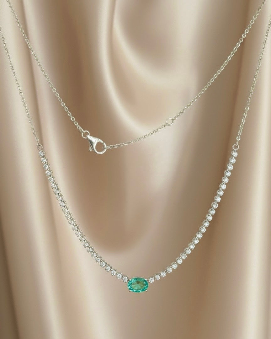 Oval Emerald & Diamond Station Necklace in 14K White Gold — 1.15 CT Natural Emerald