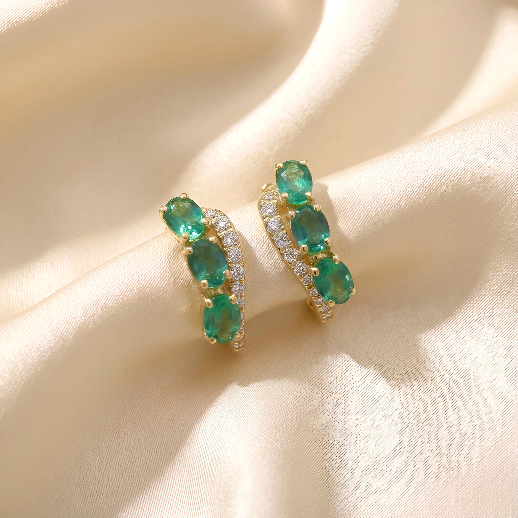 Diamond Emerald Earrings in 14K Yellow Gold