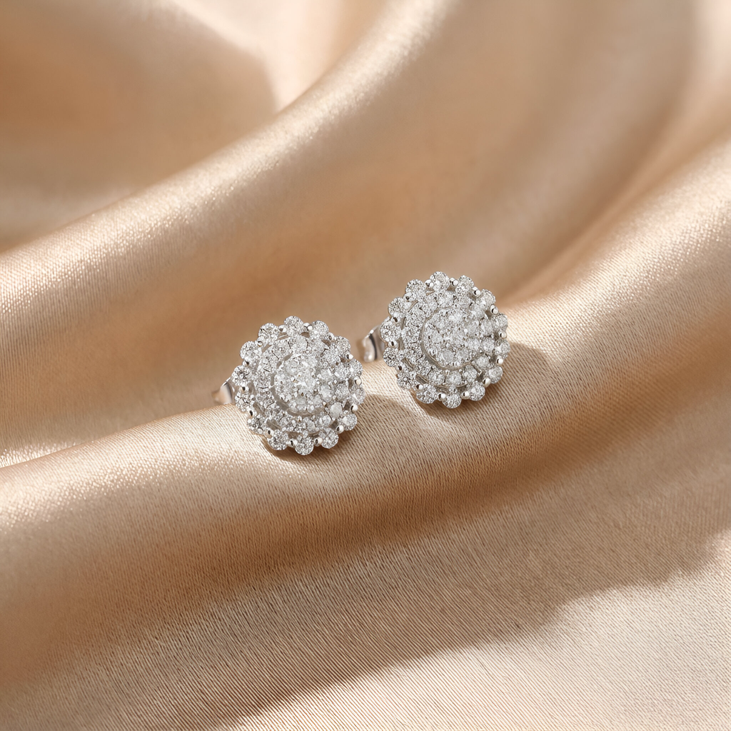 Floral Diamond Stud Earrings in 14k White Gold