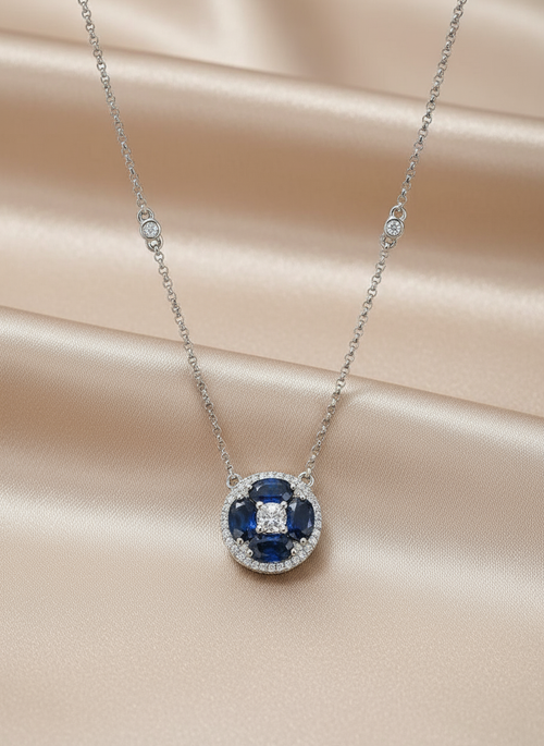 Blue Sapphire & Diamond Necklace in 14K White Gold – Elegant Fine Jewelry