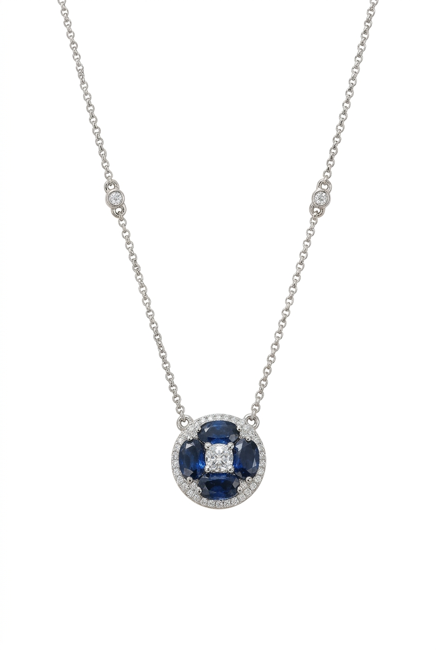 Blue Sapphire & Diamond Necklace in 14K White Gold – Elegant Fine Jewelry