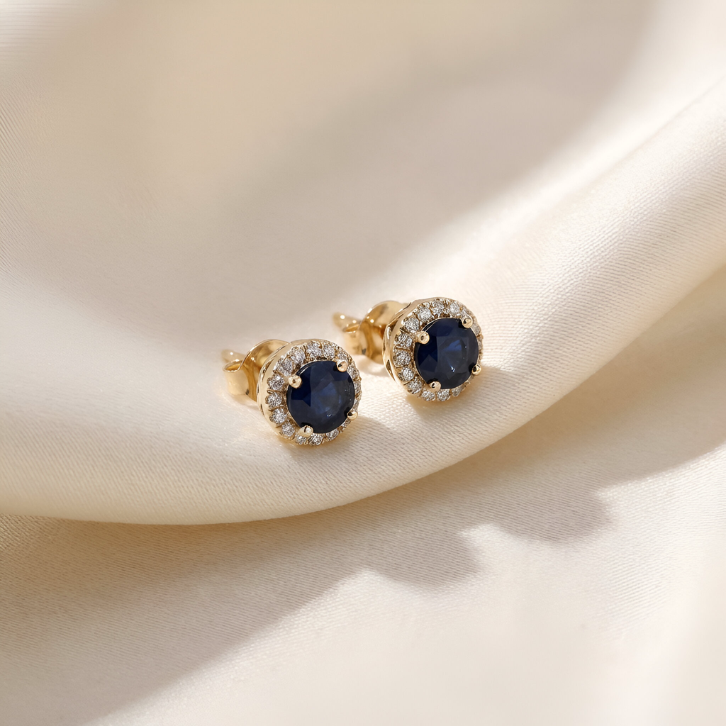 Sapphire Diamond Halo Stud Earrings in 14k Yellow Gold