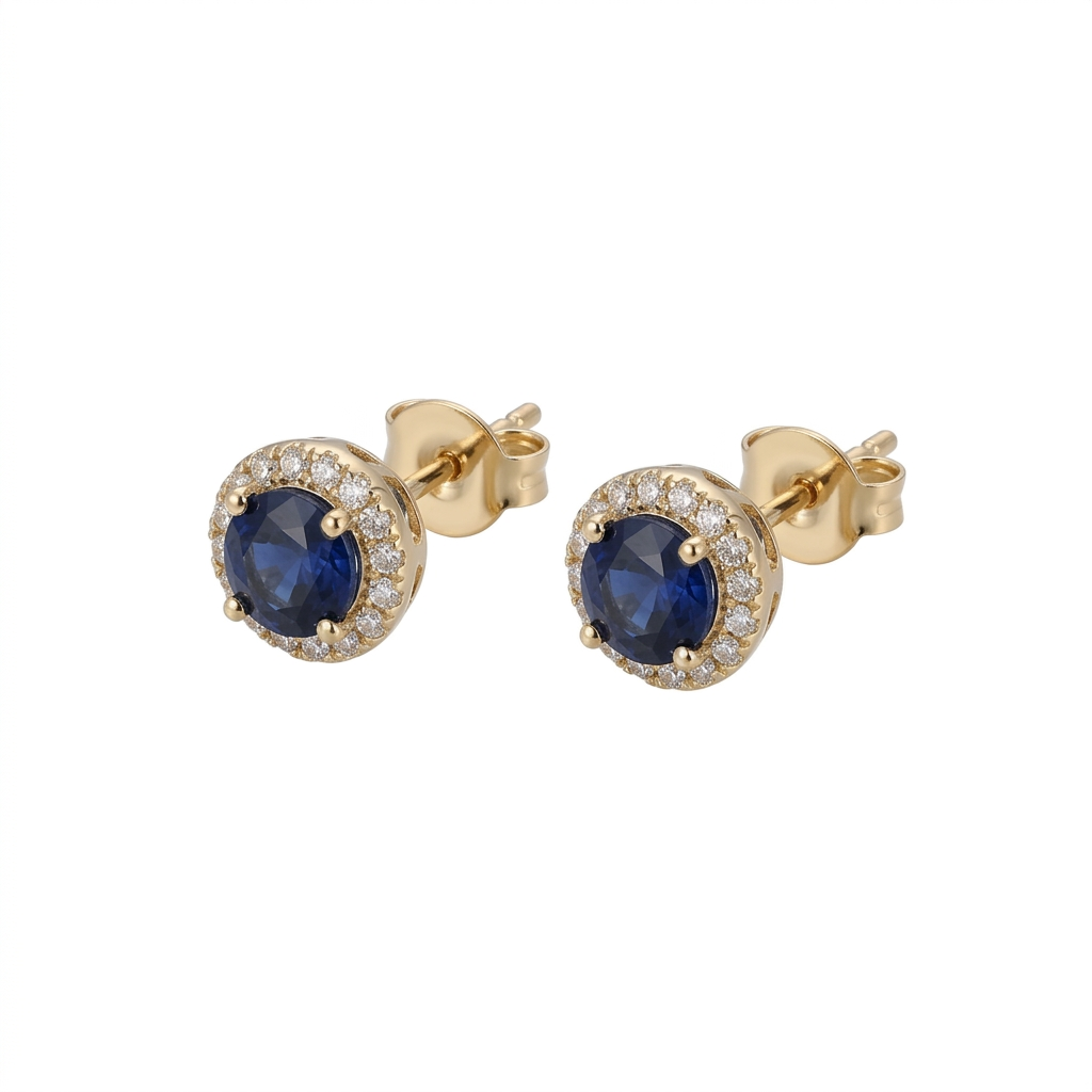 Blue Sapphire & Diamond Halo Stud Earrings in 14K Yellow Gold – 1.10 CT Sapphire