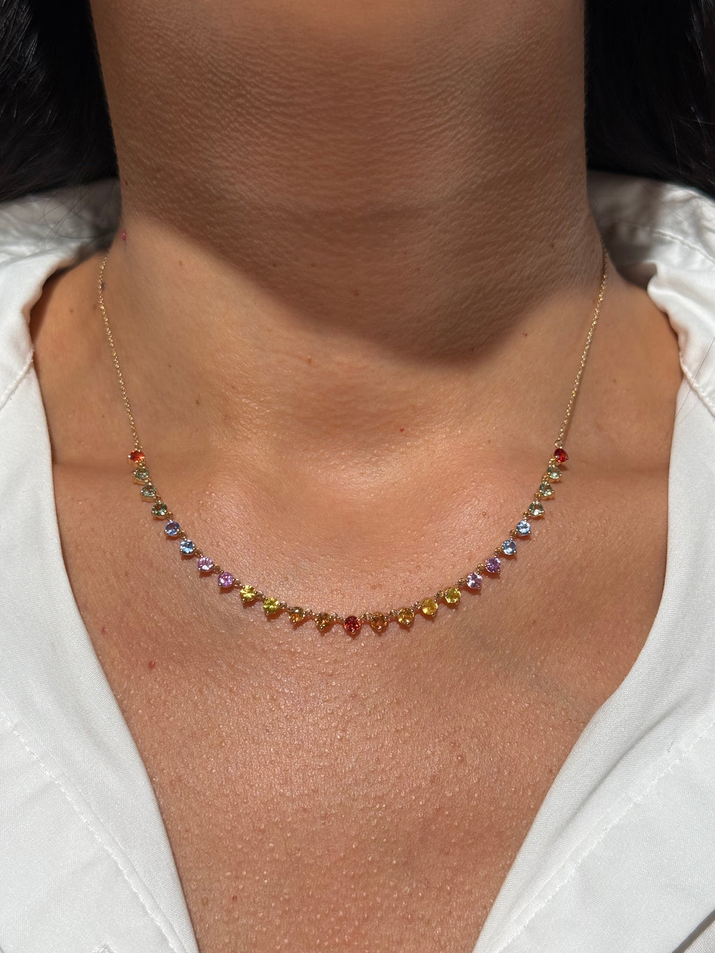 Rainbow Sapphire Station Necklace in 14K Yellow Gold – 3.21 CTW Natural Multi-Color Sapphires