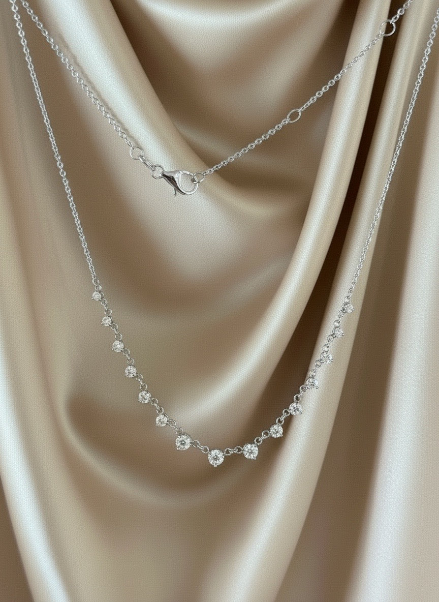 Graduated Diamond Station Necklace in 14K White Gold – 1.0 CTW Natural Diamonds