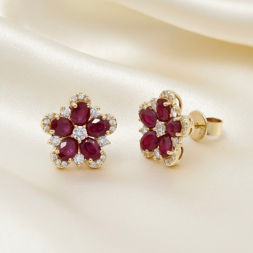 Diamond & Ruby Floral Stud Earrings in 14K Yellow Gold – 2.05 CT Rubies & 0.37 CTW Diamonds