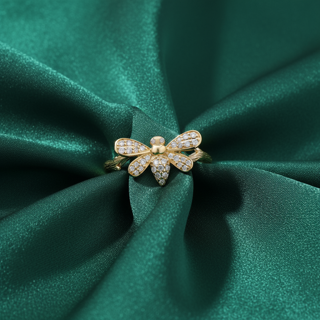 Beetle Bee Diamond Ring in 14K Yellow Gold